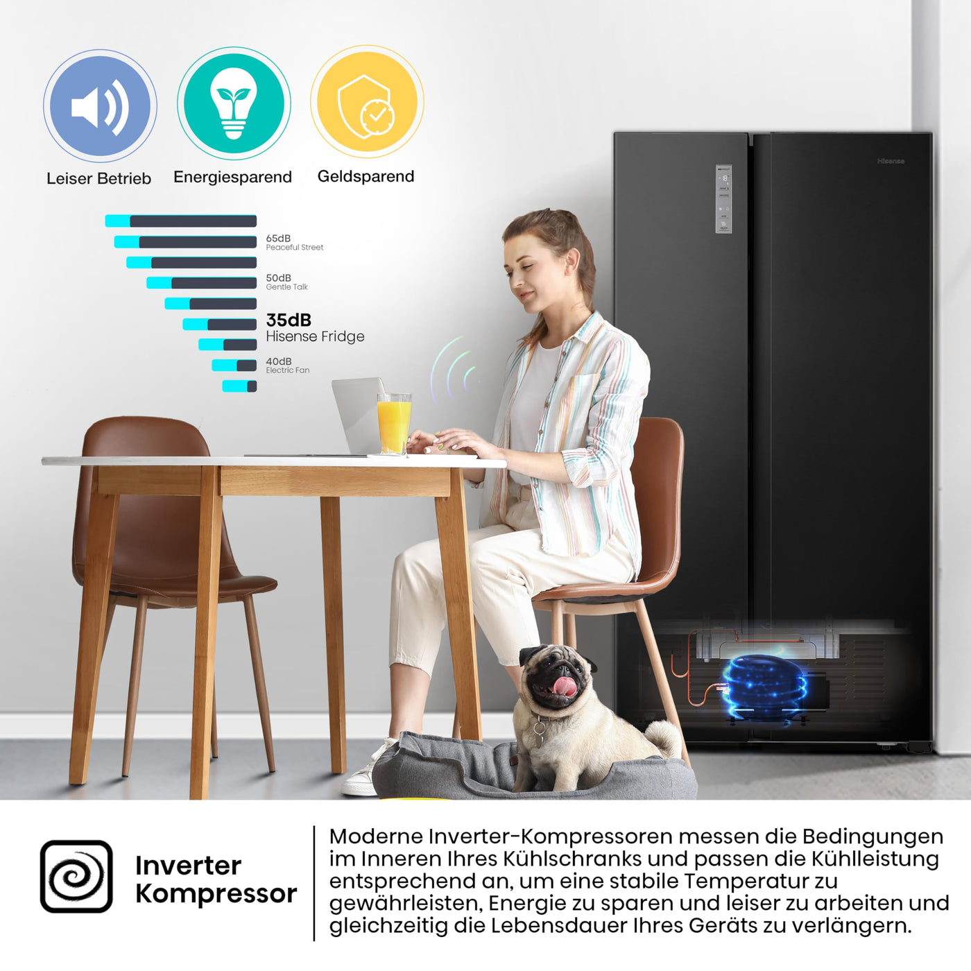 Hisense RS677N4AFC Side by Side Kühl – Gefrier - Kombination,179cm, 519 Liter Gesamtkapazität, EEK: C, LED Beleuchtung, Multi Air Flow, Inverter Kompressor, Touch Display, schwarz