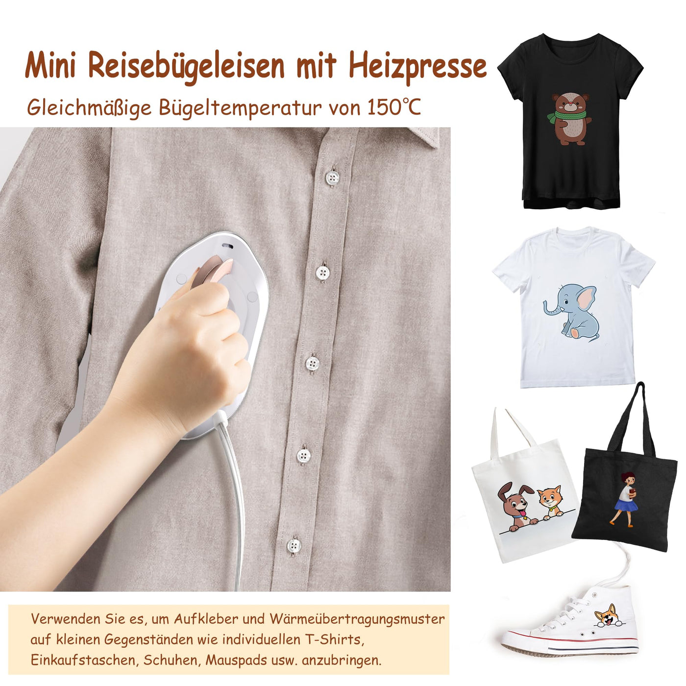 Newbealer Mini Reisebügeleisen mit umschaltbarer Spannung-220V/120V, Kompaktes Bügeleisen für Kleidung (kein Dampf), Keramikfläche, 150 °C Heißpress mit Sprühflasche, Beutel und Silikonständer