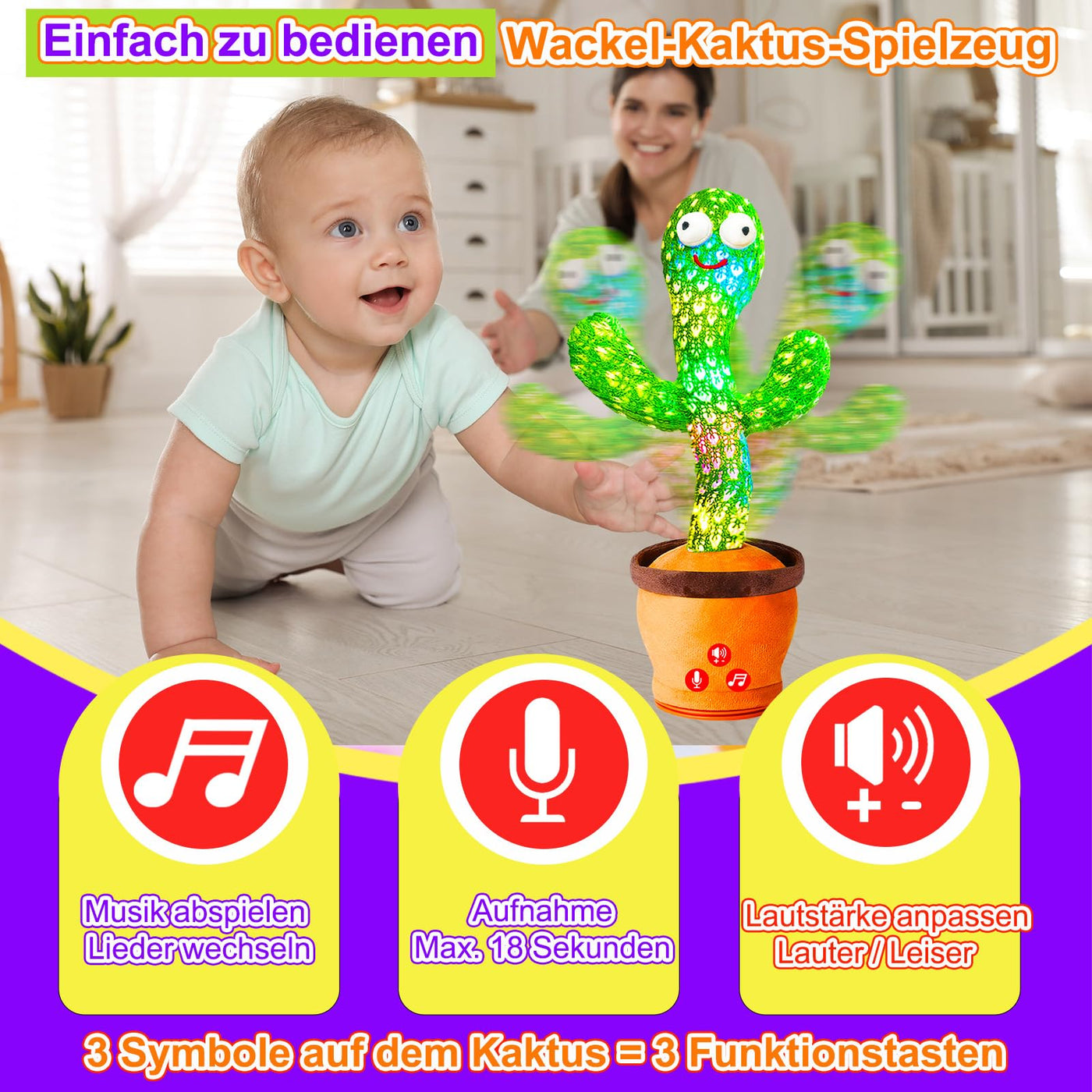 Vitosup Tanzender Sprechender Kaktus Baby Spielzeug, Lautstärke einstellbar, Nachahmend Singend Wiederholend, Interaktives Plüsch-Babyspielzeug/Geschenk für Jungen Mädchen
