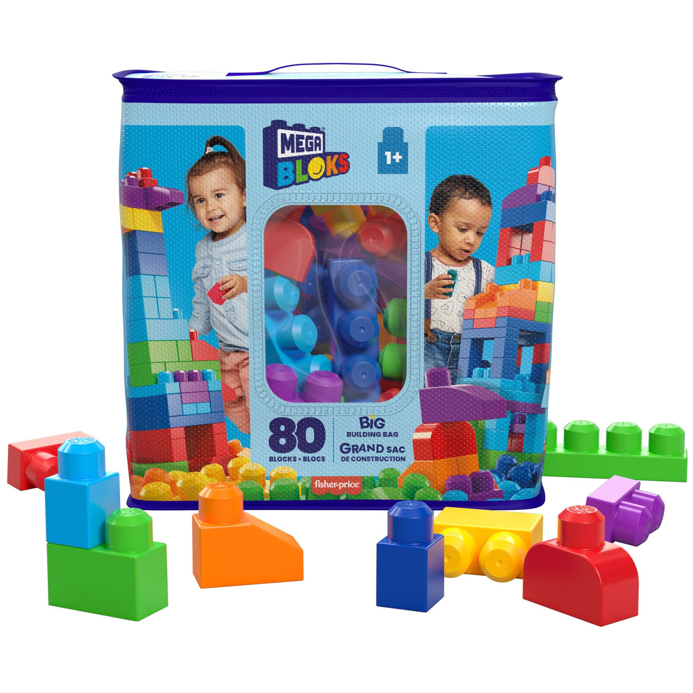 MEGA BLOKS Fisher-Price Bausteine für Kleinkinder, großer Bausteinebeutel mit 80 Teilen und Aufbewahrungsmöglichkeit, Blau, Geschenkideen für Kinder ab 1 Jahr, DCH63