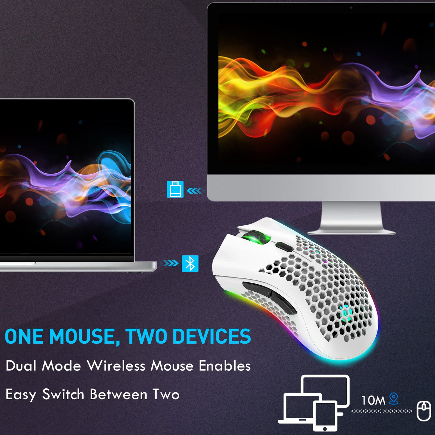 JYCSTE Bluetooth Gaming Maus, Light Honeycomb Maus mit RGB Hintergrundbeleuchtung, einstellbare DPI, Bluetooth 2.4G Wireless Rechargeable Ergonomic Optical Sensor Mouse (Dual Mode-White)