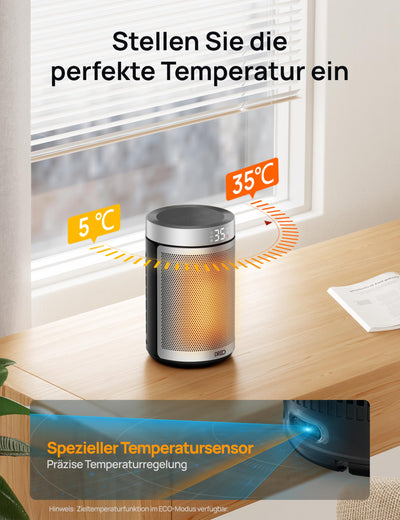 Dreo Energiesparender Heizlüfter, 34 dB Leiser 1500W Elektrischer PTC Keramik, Thermostat, Überhitzungs- & Kippschutz, 12 Std. Timer, Elektroheizung für Räume Schlafzimmer, Atom 316, Silber