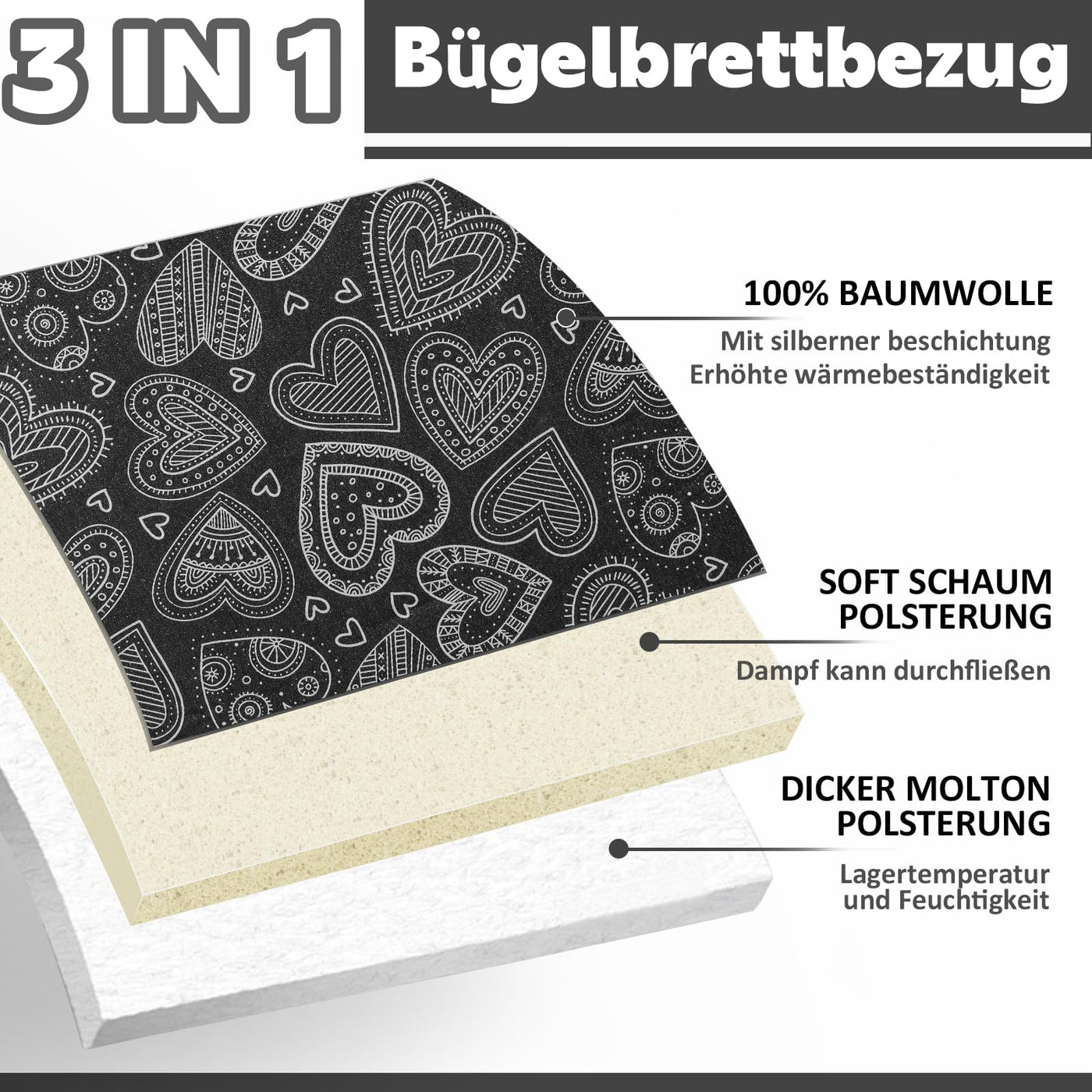 Neu Premium-Bügeltischbezug für Schnelles und Einfaches Bügeln, für Dampfbügeleisen, Schwarzes Herz, 38-45cm x 120-125cm (Größe XL)