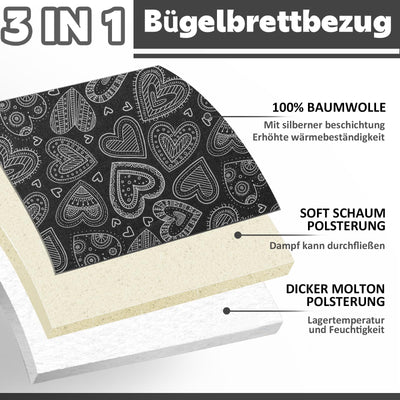Neu Premium-Bügeltischbezug für Schnelles und Einfaches Bügeln, für Dampfbügeleisen, Schwarzes Herz, 30-35cm x 108-115cm (Größe M)