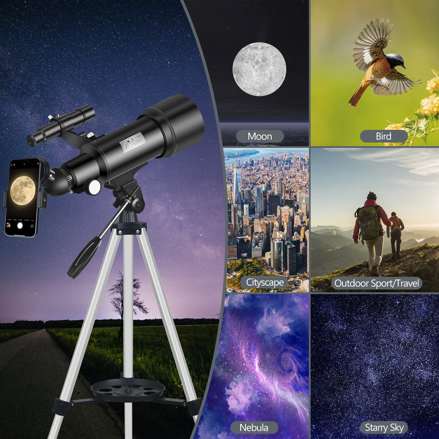 Misilmp Teleskop, inkl. Linsen, Handyhalterung, Tragetasche 70mm Aperture 400mm Refraktor Teleskope für Anfänger & Kinder, Tragbares Stativ Astronomie Erwachsene Fernrohr Telescope (Schwarz)