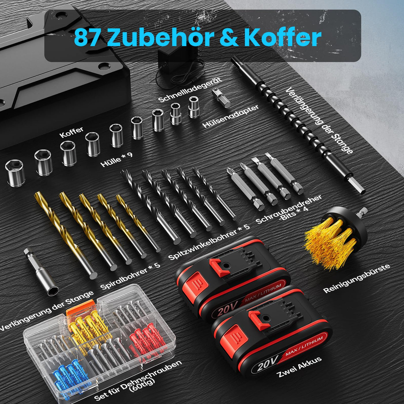 Akkuschrauber, 20V Akku Bohrschrauber Set mit 2 Akkus und 87 Zubehöre, Werkzeugkoffer, Akkubohrer 42Nm Max Drehmoment, 25+1 Drehmomentstufen, 2-Gang, 10mm Bohrfutter, Akku Bohrmaschine für Haus DIY