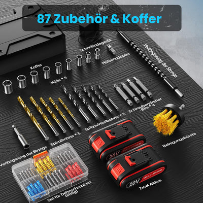 Akkuschrauber, 20V Akku Bohrschrauber Set mit 2 Akkus und 87 Zubehöre, Werkzeugkoffer, Akkubohrer 42Nm Max Drehmoment, 25+1 Drehmomentstufen, 2-Gang, 10mm Bohrfutter, Akku Bohrmaschine für Haus DIY