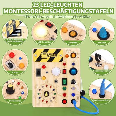 Konijiwa Montessori Spielzeug ab 1 Jahr Busy Board Activity Board Spielzeug ab 2 Jahre Holzspielzeug mit 10 Schalter 23 LED-Leuchten Spielzeug Sensory Learning Toys für 1 2 3 Jahre Jungen und Mädchen