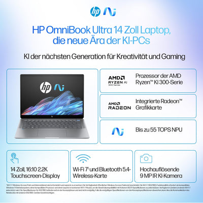 HP OmniBook Ultra Next Gen AI Laptop | AMD Ryzen AI 9 HX 375 mit dedizierte NPU für KI | 55 NPU TOPS | Copilot+ PC | 14" 2,8K IPS Touchscreen 400 Nits | 32 GB RAM | 1TB SSD | QWERTZ | Win11 | Silber