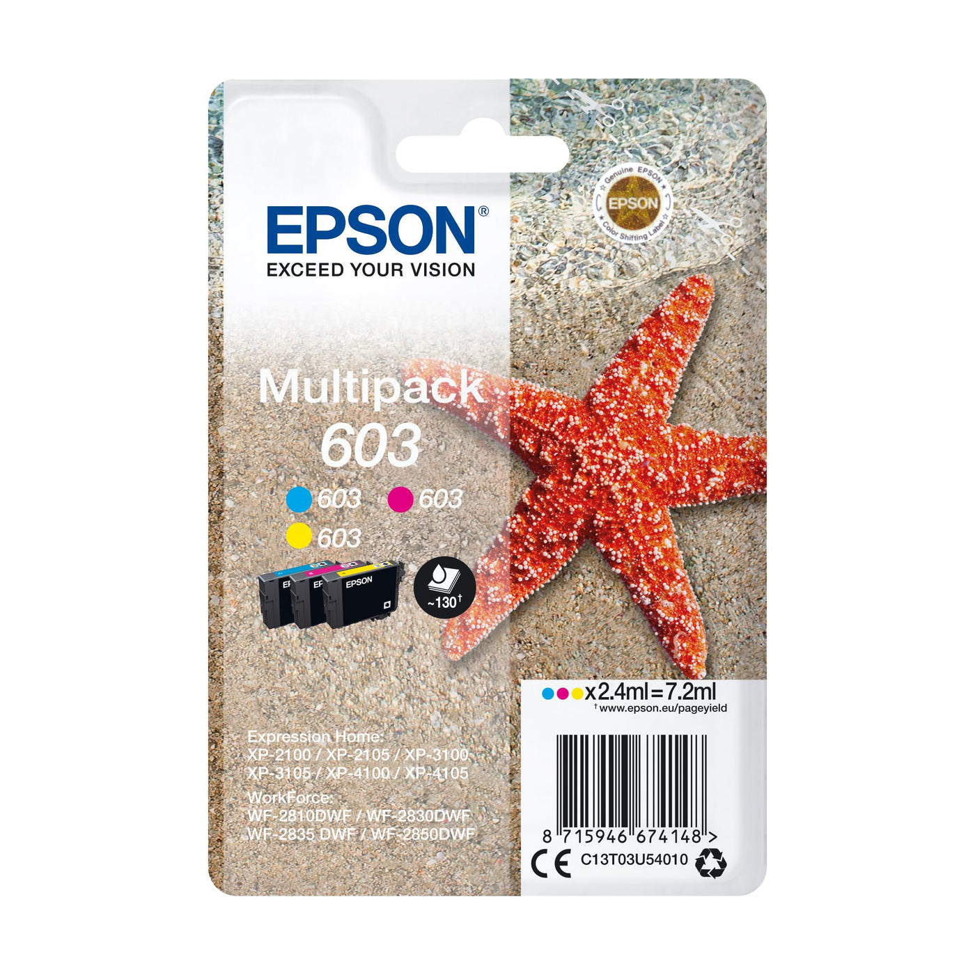 Epson Original 603 Tinte Seestern, Multipack 3-farbig Standard, WF-2820DWF WF-2830DWF WF-2840DWF WF-2850DWF XP-2100 XP-2150 XP-3100 XP-3150 XP-4100 XP-4150, ReadyPrint Flex-Tintentarife