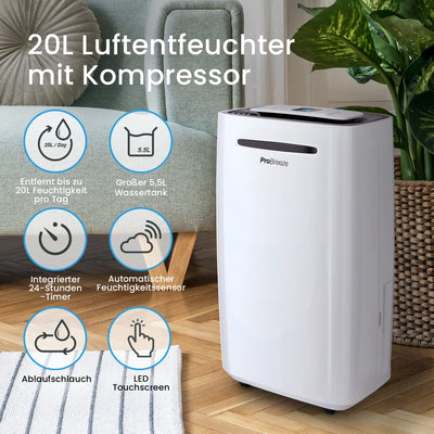 Pro Breeze Luftentfeuchter 20L in 24h Entfeuchtungsleistung - Raumgröße ca. 195m³ (~30 m²) - mit 4 Betriebsarten, Digitalanzeige, Ablaufschlauch, Wäschetrocknung, Timer - Gegen Feuchtigkeit, Schimmel