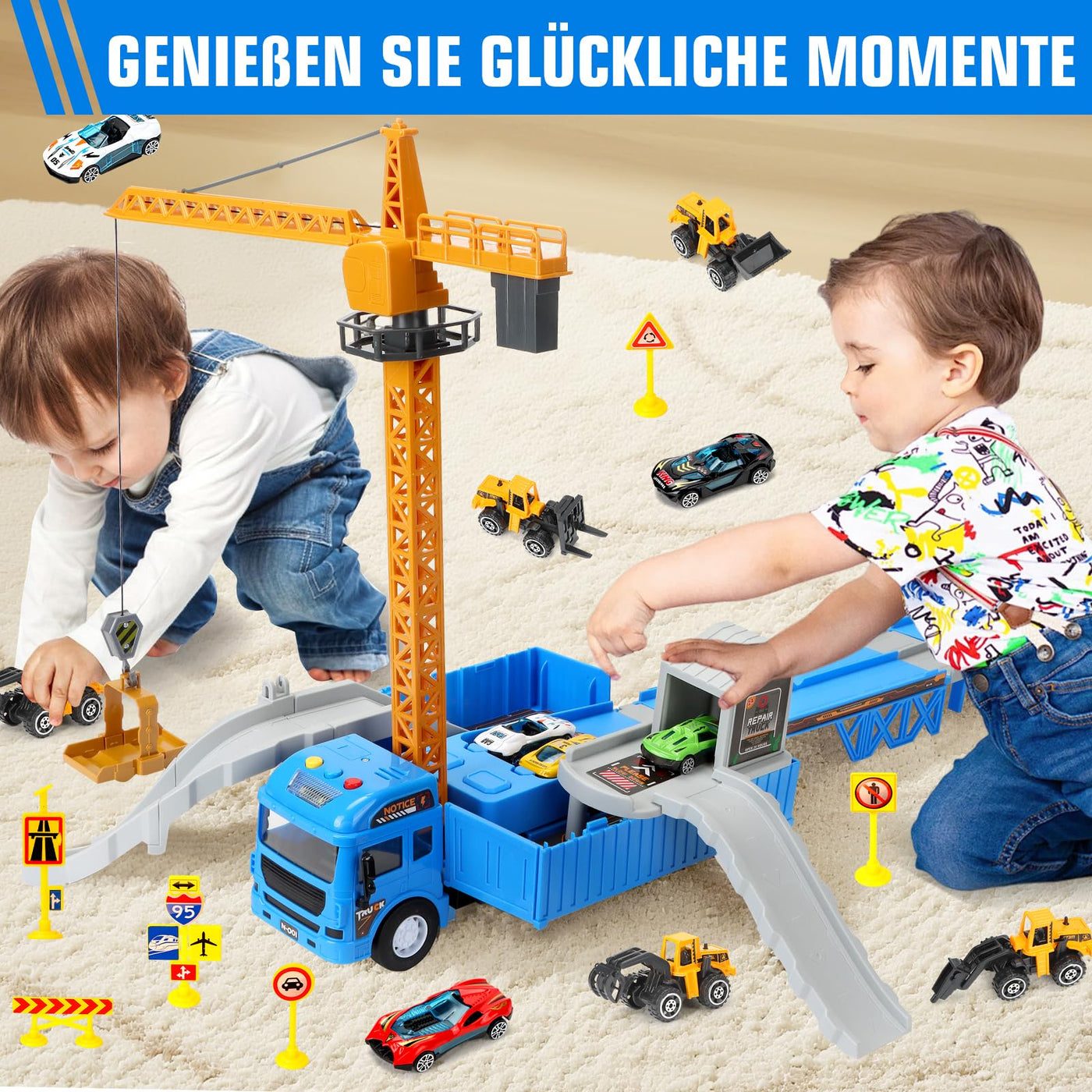 Charmofun LKW Kran mit Doppelter Auswurfschiene, Baustellenfahrzeuge Kinder Spielzeugset – Bagger, Bulldozer, Straßenwalze, Gabelstapler, Drehbarem Kran – Konstruktionsfahrzeuge Geschenk Ab 3 Jahren