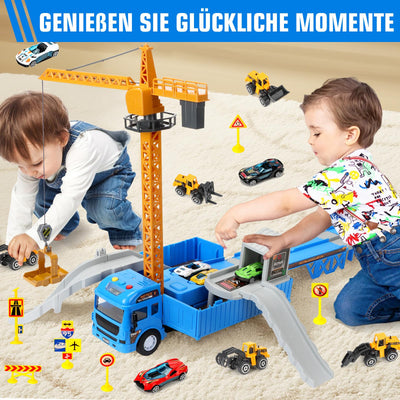 Charmofun LKW Kran mit Doppelter Auswurfschiene, Baustellenfahrzeuge Kinder Spielzeugset – Bagger, Bulldozer, Straßenwalze, Gabelstapler, Drehbarem Kran – Konstruktionsfahrzeuge Geschenk Ab 3 Jahren