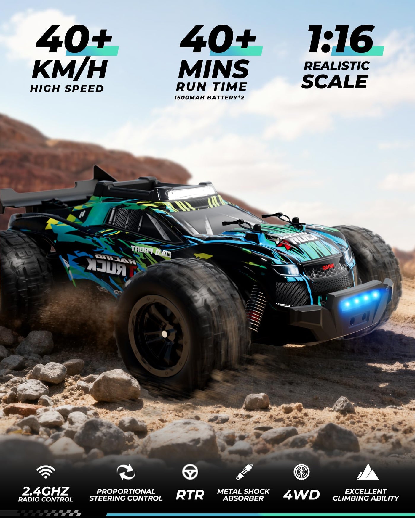 Kiztoys® Ferngesteuertes Auto, RC Auto Monstertruck Ferngesteuert 2,4 GHz 1:16 Proportional 4WD 40+ km/h Offroad, RC Truggy RTR Geländegängig ab Erwachsener Jugendliche Kind