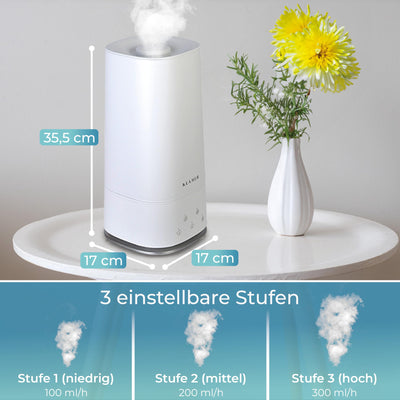 KLAMER Luftbefeuchter 4L Top Fill, Leise 30dB, 40h Laufzeit, 300 ml/h, 3 Stufen - Ideal für Büro, Schlaf- & Kinderzimmer bis 45m²