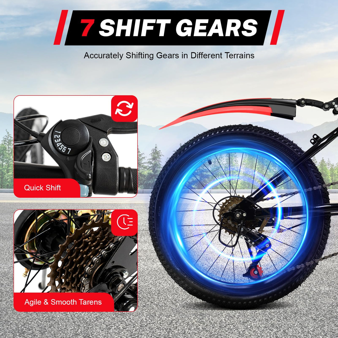 KigerNee 20 Zoll Mountainbike Feuerrot Carbonstahl-Rahmen 85kg Tragkraft - Kinderfahrrad ab 6 Jahre mit 7-Gang-Schaltung & Dual-V-Brake, Allwetter-Reifen Kinder Fahrrad für Jungen/Mädchen