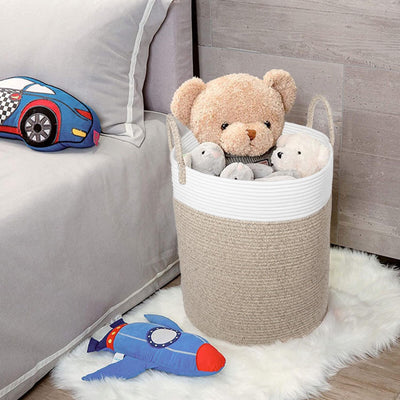 SYLANDO Wäschekorb mit Henkel, Spielzeug Aufbewahrung, Aufbewahrungsbox Geflochten, Wäschesammler Groß, Aufbewahrungskorb Kinderzimmer (Braun&Weiß, D 38 x H 50 CM)