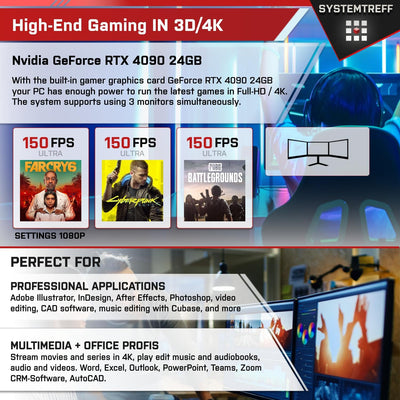 SYSTEMTREFF High-End Gaming PC Intel Core i9-14900K 24x6GHz | Nvidia GeForce RTX 4090 24GB DX12 | 2TB M.2 NVMe | 32GB DDR5 RAM | WLAN Desktop Computer Rechner für Gamer, Zocker & Streamer