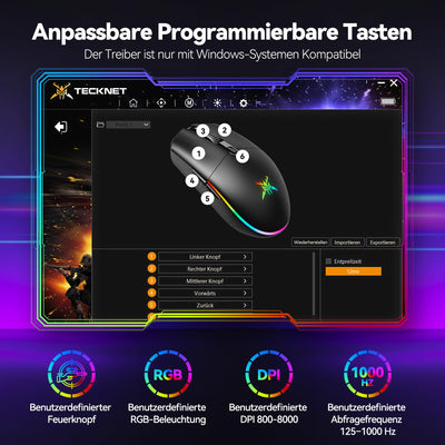 TECKNET Kabellose Gaming-Maus, 8000 DPI Wiederaufladbare Gaming Maus, Dual-Modus 2,4 G und Kabelgebundene Maus, 6 RGB-Modi, PC Gaming Mouse mit Programmierbaren Tasten, für Windows XP/11/10/8/7, etc