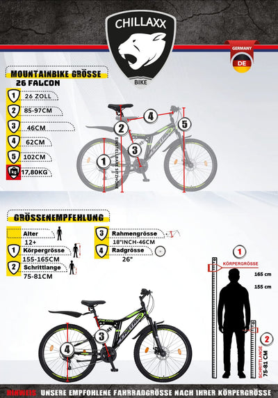 Chillaxx Bike Falcon Premium Mountainbike in 24 und 26 Zoll - Fahrrad für Jungen, Mädchen, Damen und Herren - Scheibenbremse- 21 Gang-Schaltung - Vollfederung (26 Zoll, Schwarz-Lime Disc-Bremse)