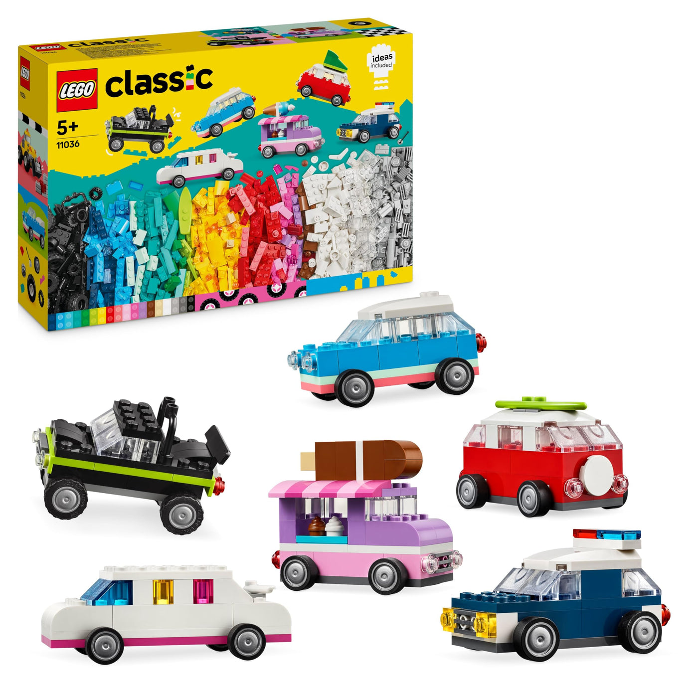 LEGO Classic Kreative Fahrzeuge, Bausteine-Set für Bunte Modellautos inkl. LKW, Polizeiauto und Baufahrzeuge, Baubare Spielzeug-Autos für Kinder, Geschenk für Jungs und Mädchen ab 5 Jahren 11036