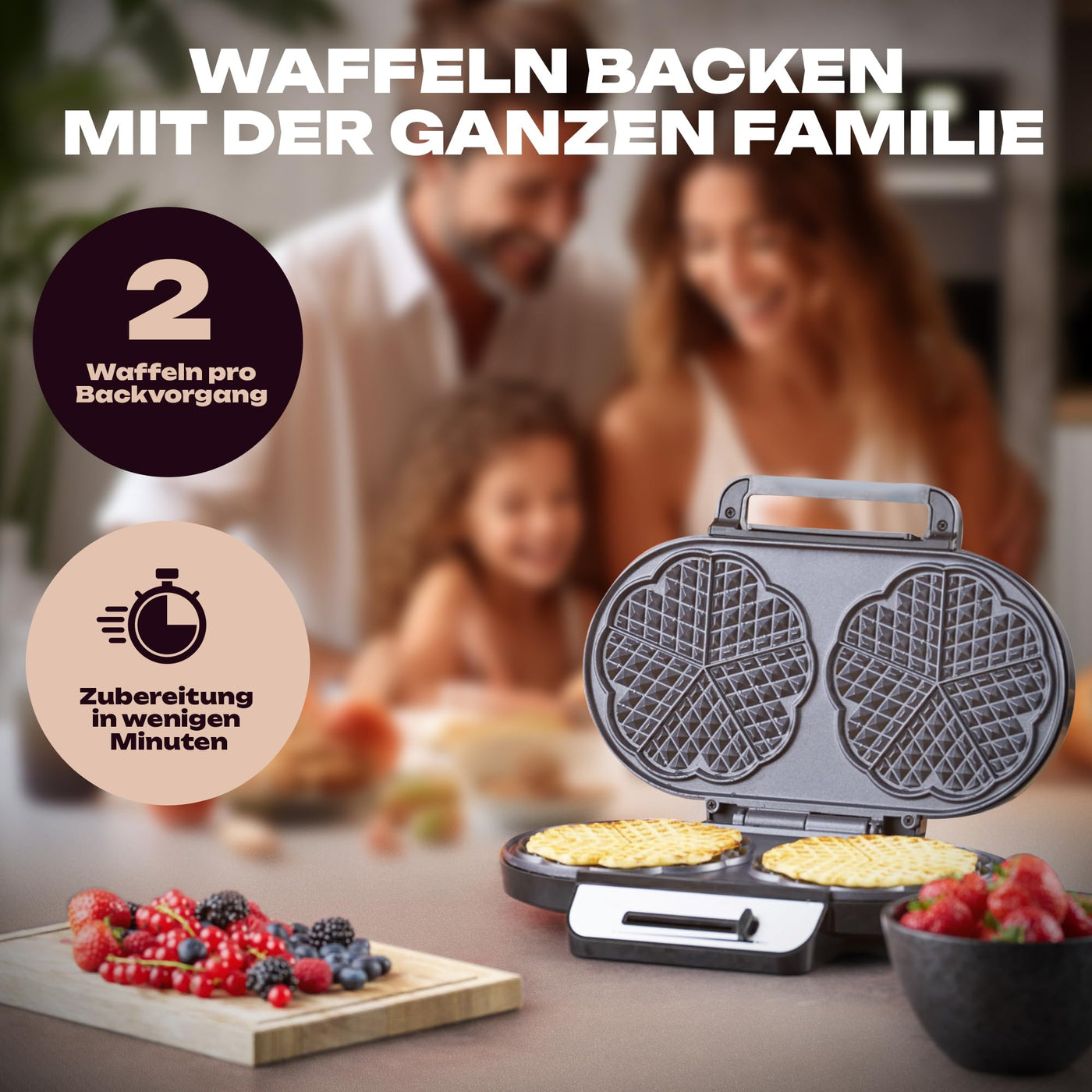 Clatronic Waffeleisen mit 2 antihaftbeschichteten Backflächen | Waffeleisen Herzform stufenlos einstellbarer Bräunungsgrad & Backampel | 2 Waffeln pro Backvorgang in wenigen Minuten | 1200W | WA 3745