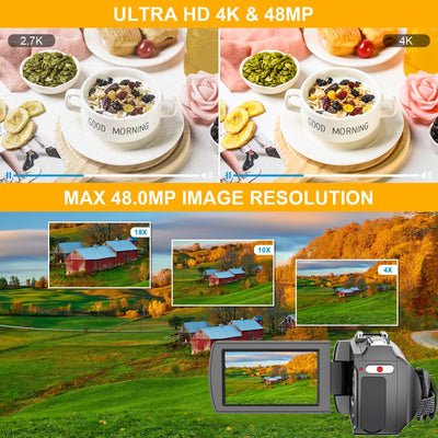 4K Videokamera 48MP 60FPS Camcorder für YouTube, FHD1080P Video Vlogging Kamera Recorder /18X Digital Zoom /3.0'' 270°Rotation IPS Bildschirm Kamera Camcorder, mit Fernbedienung 2 Batterien/SD Karte