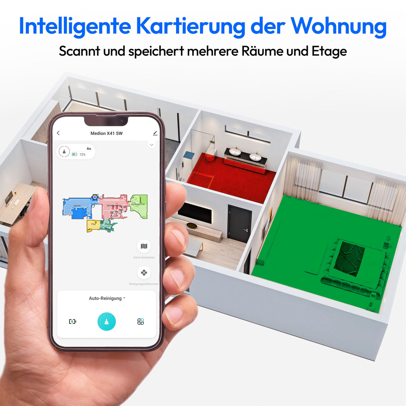 MEDION Saugroboter mit Lasernavigation und Wischfunktion X41 SW (Starke 8000Pa Saugkraft, 2in1 Roboterstaubsauger, präzise Kartenerstellung, Go & No Go Bereiche, mehrere Etagen)