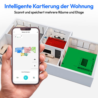 MEDION Saugroboter mit Lasernavigation und Wischfunktion X41 SW (Starke 8000Pa Saugkraft, 2in1 Roboterstaubsauger, präzise Kartenerstellung, Go & No Go Bereiche, mehrere Etagen)