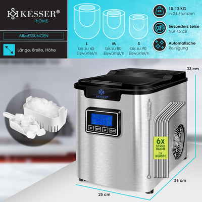 KESSER® Eiswürfelbereiter | Eiswürfelmaschine Edelstahl | 150W Ice Maker | 12 kg 24 h | 3 Würfelgrößen | Zubereitung in 7 min | 2,2 Liter Wassertank | Timer | LCD-Display | Silber