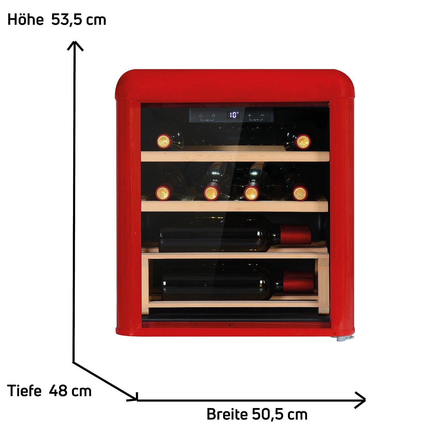 Amica WKR 341 910 R Retro-Weinkühlschrank/Weintemperierschrank im Retro Design/Rot/max. 10 Bordeauxflaschen (0,75l) / 53,5 x 48cm / 2 Holzlagerböden aus Buche/Kompressor-Technik