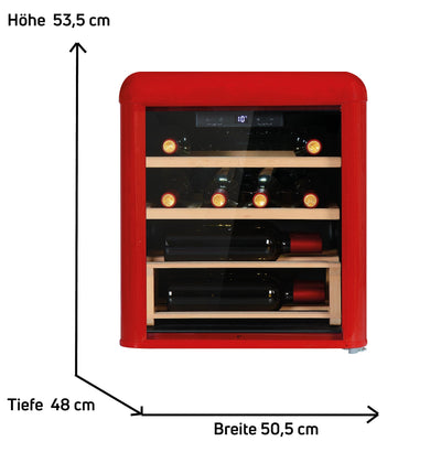 Amica WKR 341 910 R Retro-Weinkühlschrank/Weintemperierschrank im Retro Design/Rot/max. 10 Bordeauxflaschen (0,75l) / 53,5 x 48cm / 2 Holzlagerböden aus Buche/Kompressor-Technik