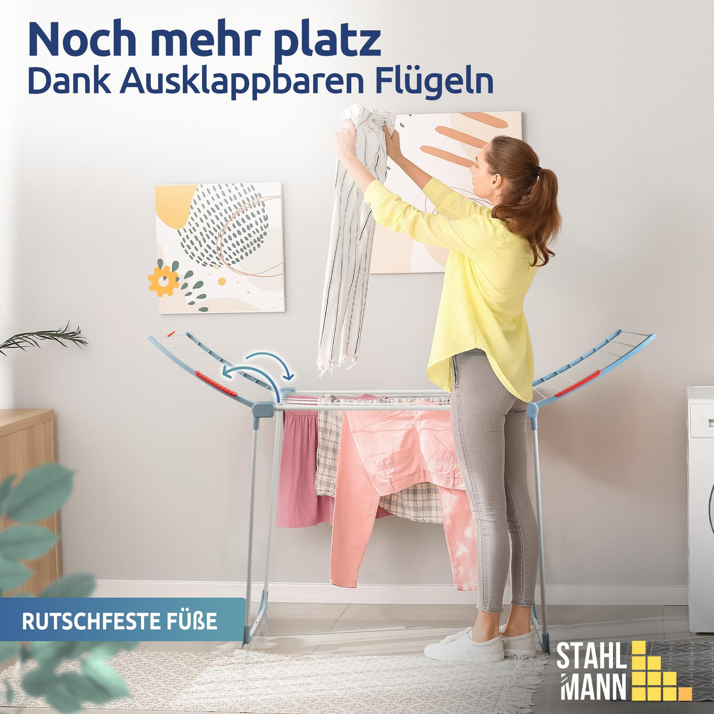 STAHLMANN ® Wäscheständer [18M Trockenfläche ] - Flügelwäscheständer [Made IN EU] 1,05 M Flügel ideal für Lange Kleidungsstücke - Wäscheständer platzsparend