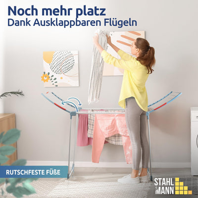 STAHLMANN ® Wäscheständer [18M Trockenfläche ] - Flügelwäscheständer [Made IN EU] 1,05 M Flügel ideal für Lange Kleidungsstücke - Wäscheständer platzsparend