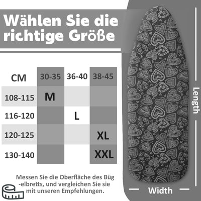 Neu Premium-Bügeltischbezug für Schnelles und Einfaches Bügeln, für Dampfbügeleisen, Schwarzes Herz, 38-45cm x 120-125cm (Größe XL)