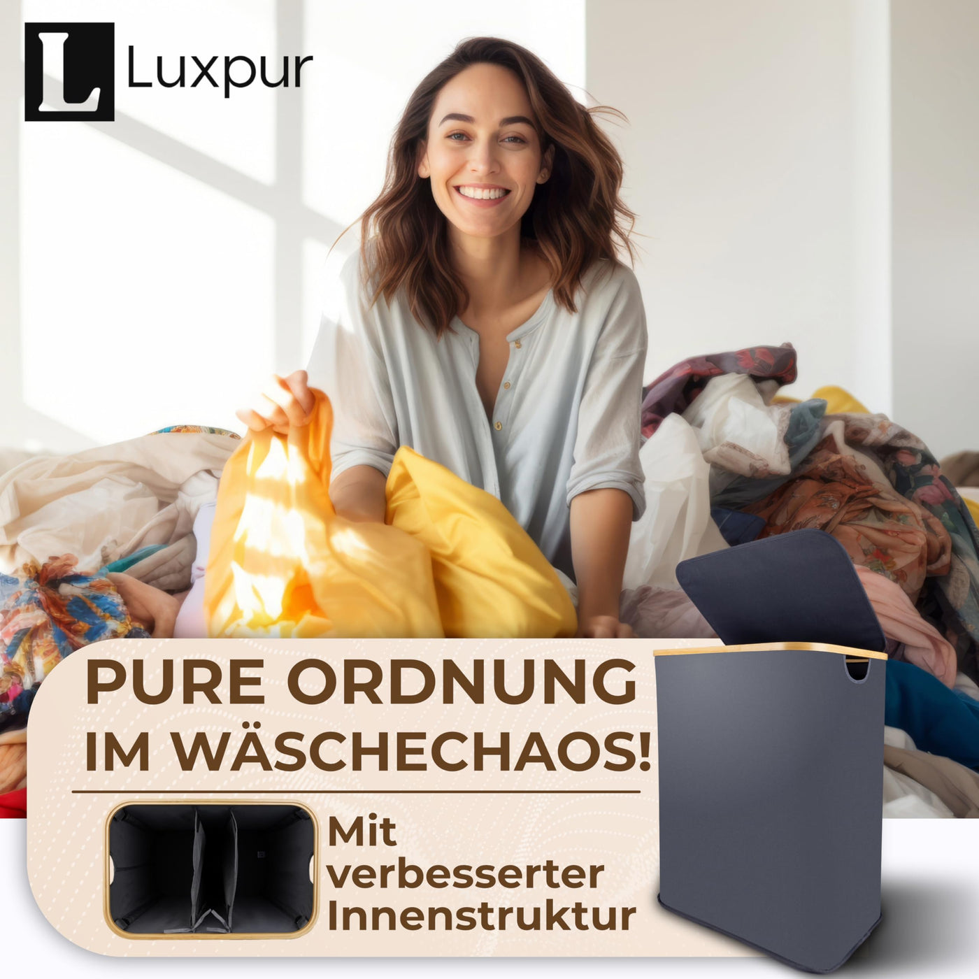 Luxpur® Wäschekorb XXL mit Deckel 3 Fächer Wäschesack Bambus Wäsche-Sortier-System Faltbare Wäschebox Wäschesammler Wäschetrenner Wäschetruhe Laundry Basket
