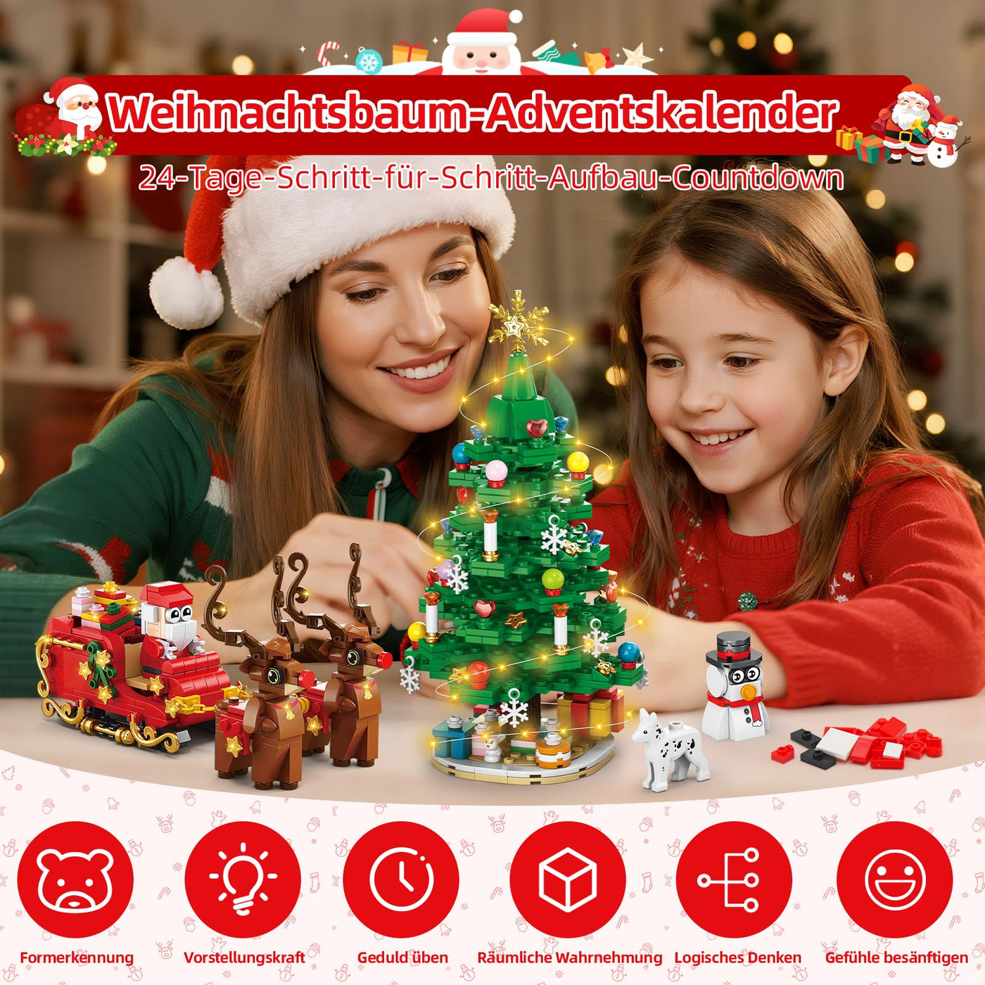 kiothdre 2025 Adventskalender Kinder, Weihnachtsbaum-Bausteine mit LED-Beleuchtung für Erwachsene, 24 Kartons Countdown Kalender, Weihnachts Geschenk für Jugendliche Jungen Mädchen Männer Frauen