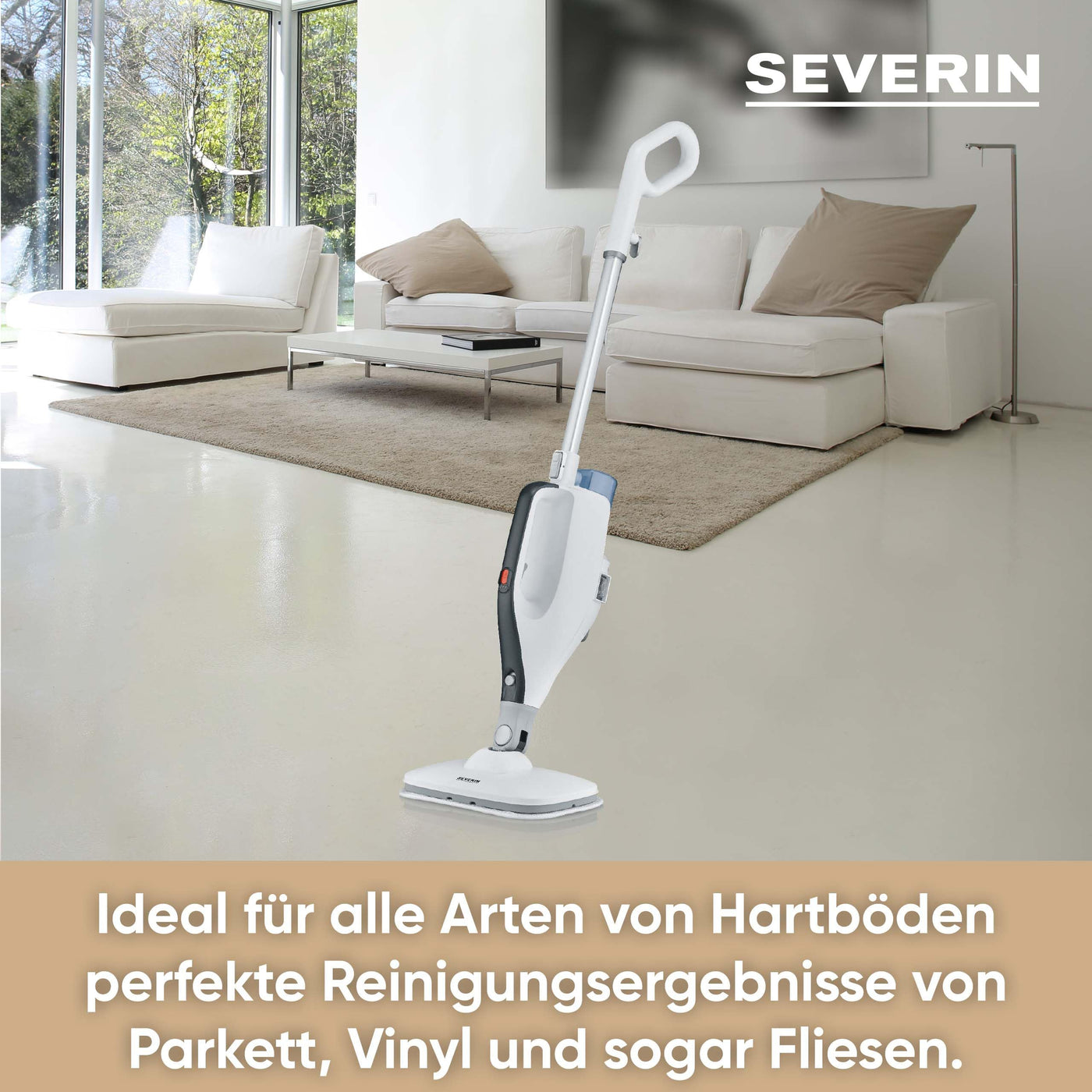 SEVERIN 2-in-1 Dampfreiniger mit Mehrzweck-Funktion & praktischem Kombi-Zubehör, für alle Hartböden und Teppiche, entfernt 99,9% Bakterien, nur 15 Sekunden Aufheizzeit, 9m Kabel, weiß/schwarz, SC 7145