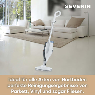 SEVERIN 2-in-1 Dampfreiniger mit Mehrzweck-Funktion & praktischem Kombi-Zubehör, für alle Hartböden und Teppiche, entfernt 99,9% Bakterien, nur 15 Sekunden Aufheizzeit, 9m Kabel, weiß/schwarz, SC 7145