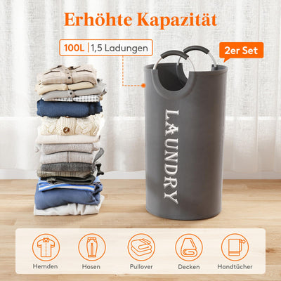 Lifewit 2 Set Faltbarer Wäschekorb 100L, Tragbarer Wäschesammler mit Aluminiumgriff Oxford Stoff Wäschesack Aufbewahrung für Kleidung/Badetuch/Bettbezug Schlafzimmer Badezimmer Waschraum, Grau