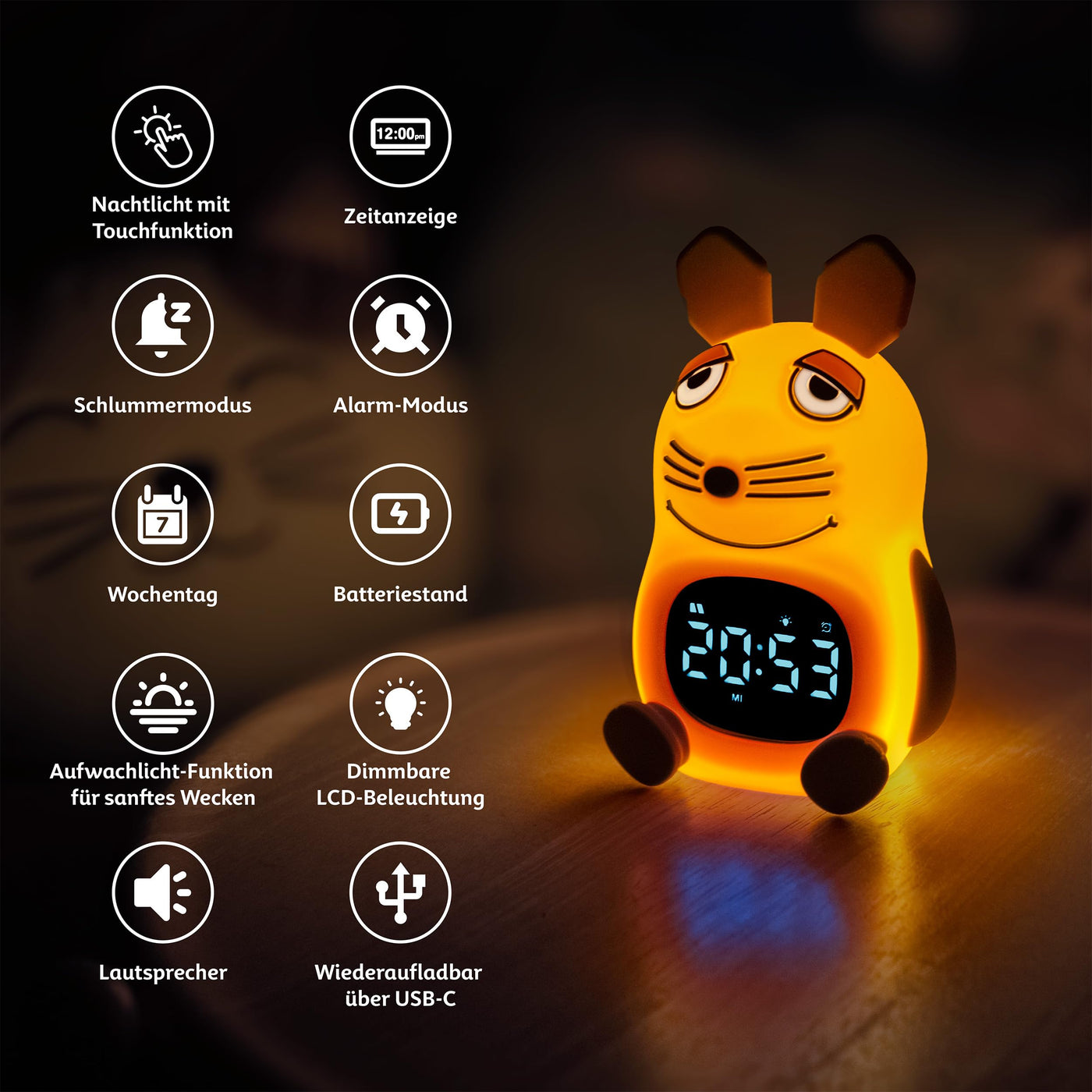 Bresser DieMaus Kinderwecker mit Nachtlicht, sanftes Aufwachen, 3-stufiges Licht, Touch-Steuerung, USB-C, Silikon, ab 3 Jahren