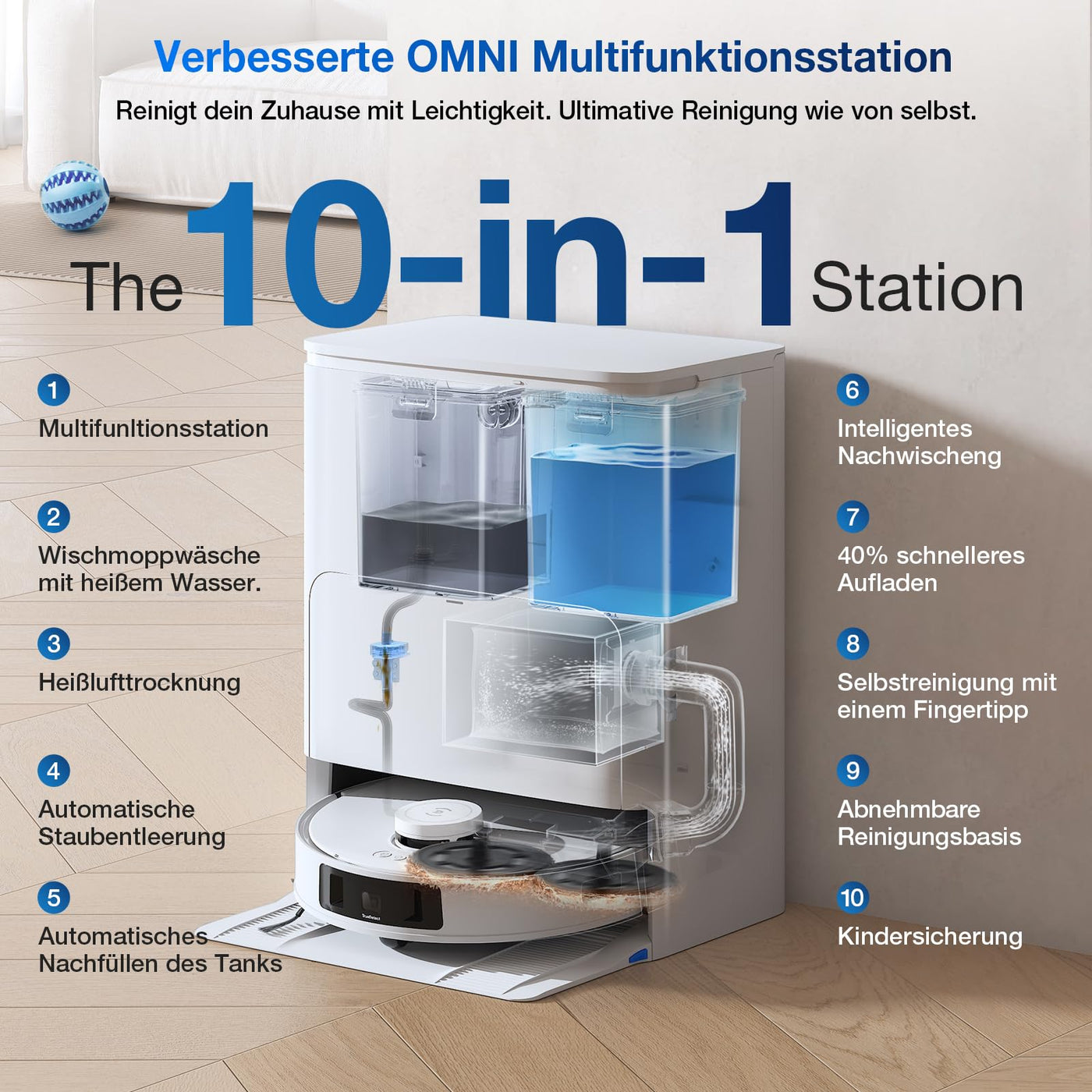 ECOVACS DEEBOT T30S Saugroboter mit Wischfunktion, 11000Pa Saugkraft, ZeroTangle Technologie, Adaptive TruEdge™ Kantenreinigung, Heißwasser-Mopp-Waschen, Selbstentleerung, Auto-Anheben des Mopps