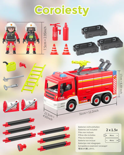 Coroiesty Feuerwehrauto Spielzeug ab 4 Jahre, Große Feuerwehrwagen mit 2 Feuerwehrleuten & Werkzeug, Licht & Sirene, pädagogisches Rettungsfahrzeug für Kinder Jungen Mädchen
