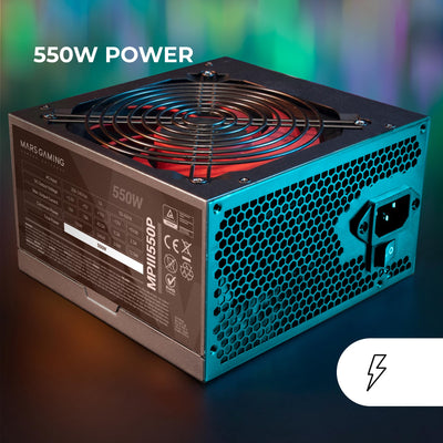 MARSGAMING MPIII550P, PC-Netzteil ATX 550W, 5 Jahre Garantie, 85% Effizienz, Digitales APFC-System, 120mm FDB-Lüfter mit AI-RPM, DC-DC- und SMD-Technologie, extra Lange Flachkabel, Schwarz