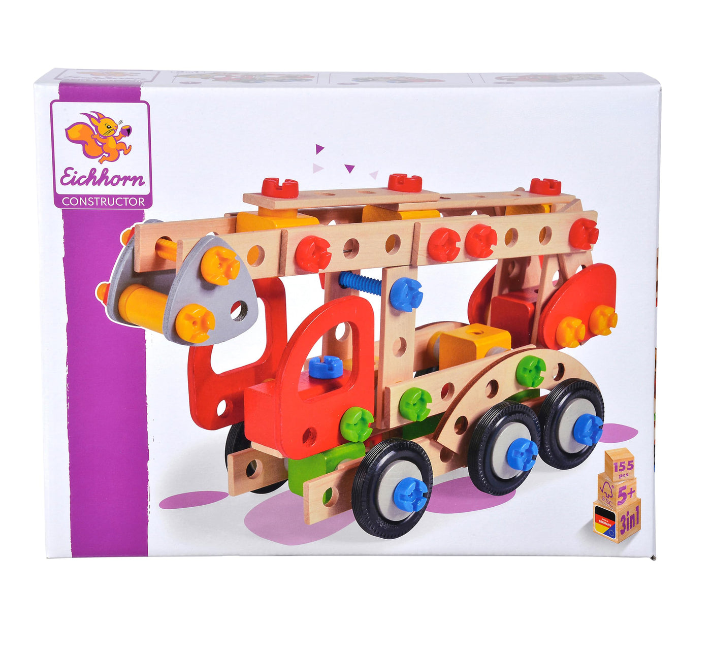 Eichhorn 100039085 - Constructor Feuerwehrauto, 155 TLG., Holz-Konstruktions-Set, 3 Verschiedene Modelvarianten baubar, FSC 100% Zertifiziertes Buchenholz, Made in Germany