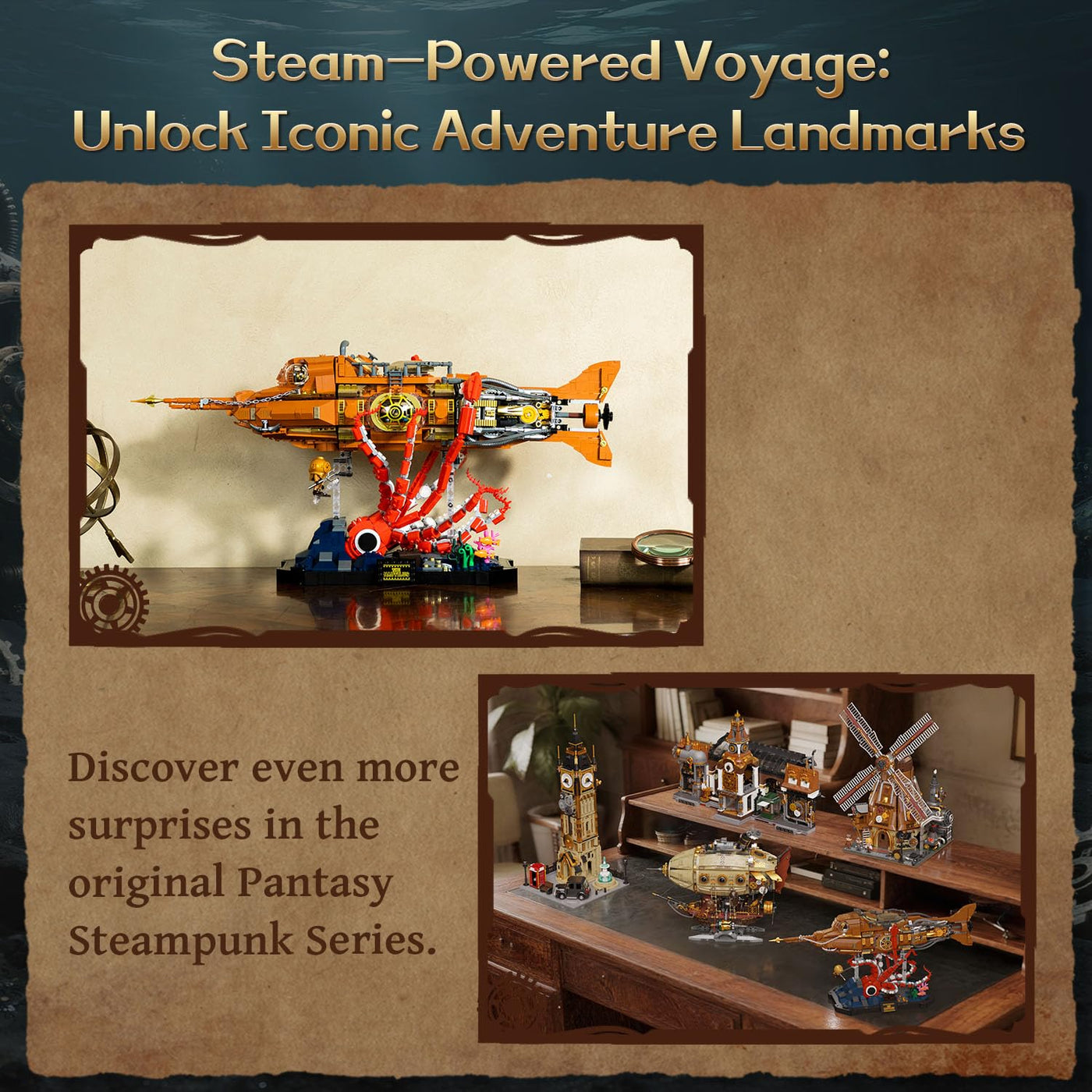 PANTASY Steampunk Nautilus U-Boot Klemmbausteine Set, Modulares 3-Sektionen-Design mit Zahnrad-Propeller, Mini-Boot & Unterwasser-Abenteuerszene, Retro Mechanisches Sammlermodell für Erwachsene