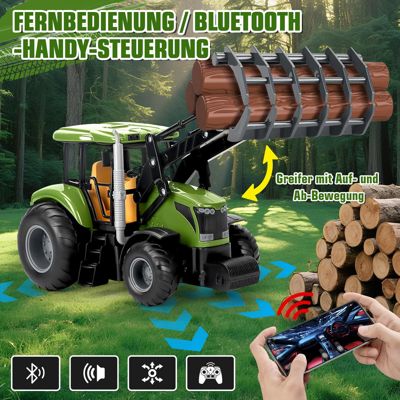 Herenear Ferngesteuerter Traktor für Kinder, Großes RC Traktors Spielzeug- Mit Bluetooth, 2.4 GHz Fernbedienung, Traktor Ferngesteuert mit Anhänger, Bauernhof Fahrzeug Spielzeug Kinder ab 3 4 5 6 7