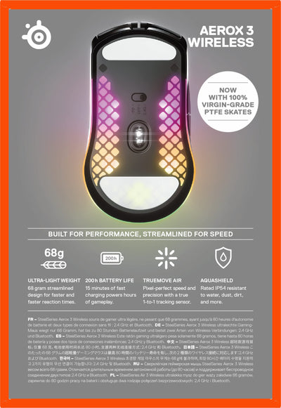 SteelSeries Aerox 3 Wireless - RGB Gaming-Mouse mit Öffnungen in der Oberfläche - Federleichtes, wasserabweisendes Design - Optischer TrueMove Air-Sensor mit 18.000 DPI - Onyx