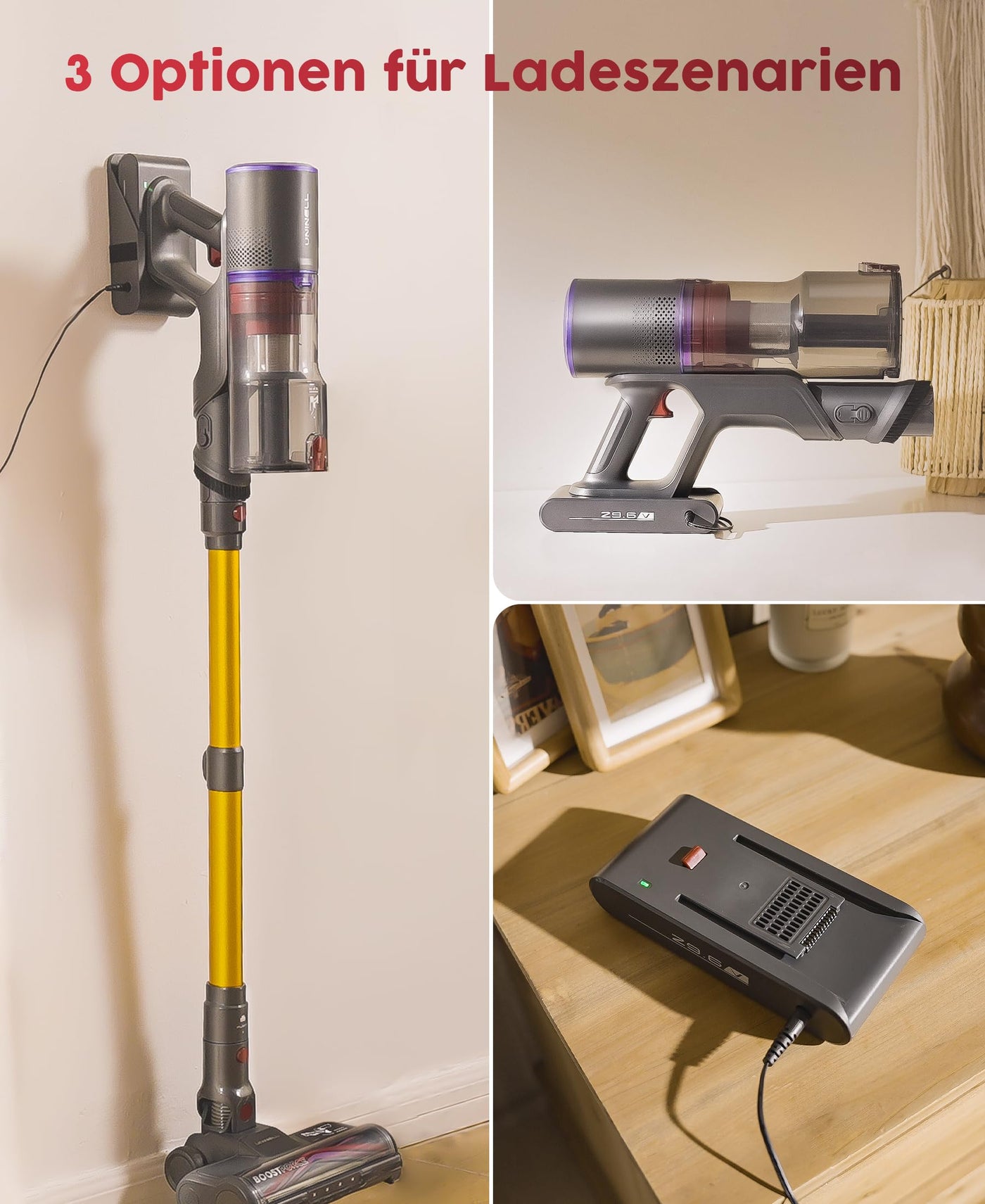 UNINELL HOME Akku Staubsauger,48000Pa/550W/65Mins Staubsauger Kabellos mit Selbststehende,1.6L Akkustaubsauger mit Anti-Tangle-Bürste,LED Touchscreen,Super Leise für Hartböden Teppiche Tierhaare Auto