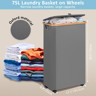 efluky 75L Wäschekorb mit Rollen, Schlanker Wäschekorb mit Deckel, Grau Faltbare Wäschebehälter mit Bambusgriffen und abnehmbarem Beutel für Schlafzimmer, Bad, Waschküche